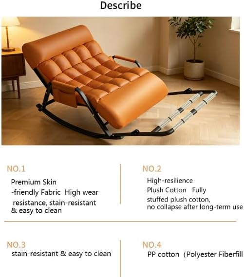 Tufted Rocking Chair with Side Pocket, Orange Faux Leather, Metal Frame, Modern Lounge Accent Chair