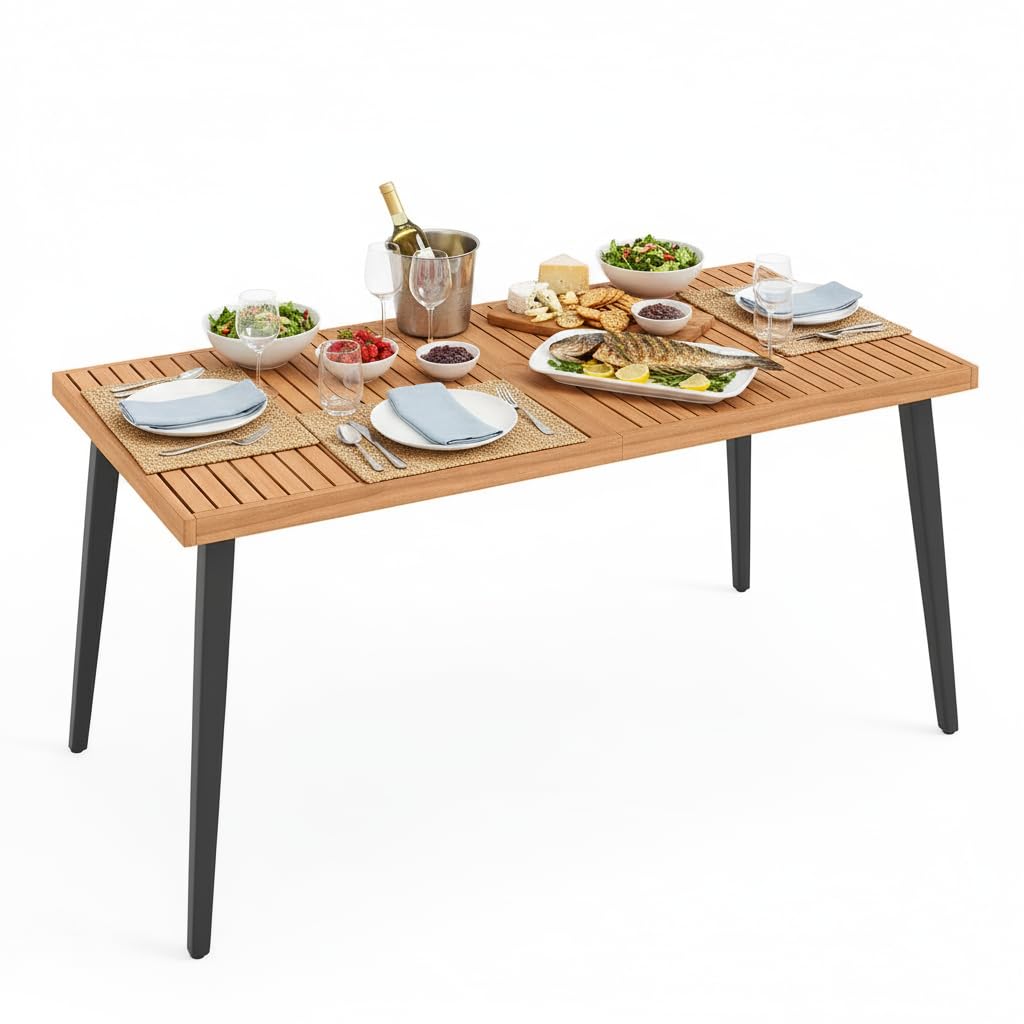 Tangkula 79" Acacia Wood Patio Dining Table for 8, Large 8-Person Outdoor Dining Table with 1.9" Umbrella Hole, Metal Legs & Adjustable Foot Pads, Rectangular Outside Table for Garden, Poolside & Yard
