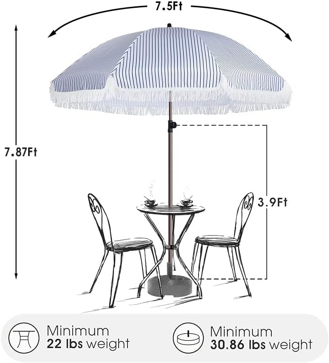 7.5Ft Patio Beach Umbrella with Fringe & Tassel, UPF50+ Push Button Tilt & Crank, Ideal for Garden, Lawn, Deck, Yard & Pool
