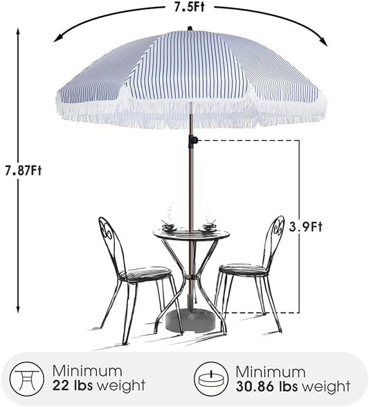 7.5Ft Patio Beach Umbrella with Fringe & Tassel, UPF50+ Push Button Tilt & Crank, Ideal for Garden, Lawn, Deck, Yard & Pool