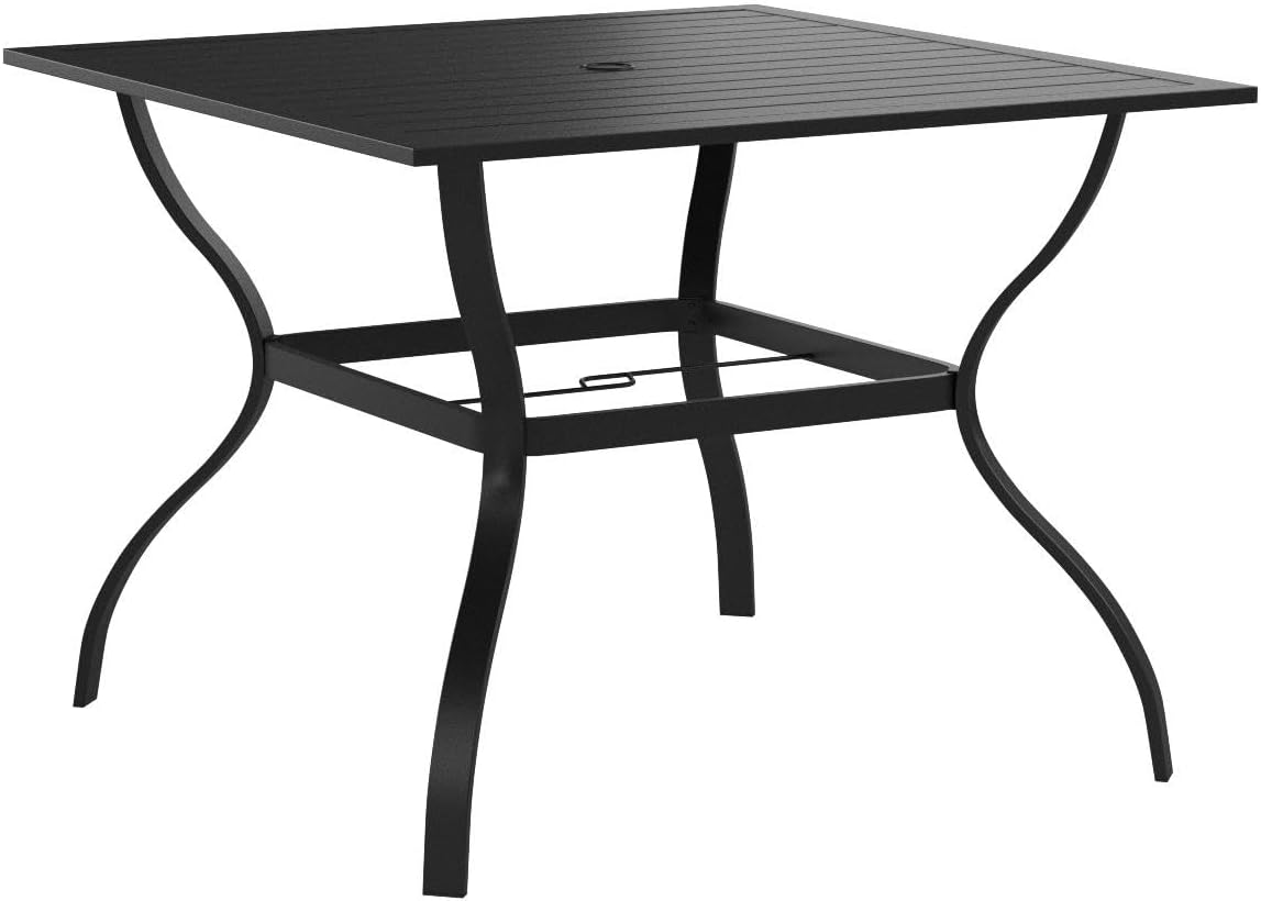 PHI VILLA Patio Table w/Umbrella Hole, Black Metal Dining Table for 4