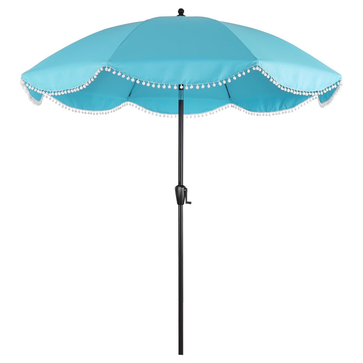 9' Patio Umbrella with Black Canopy and White Fringe Accents, Black Frame Market Umbrella for Patio, Deck, and Backyard by Sun-Ray