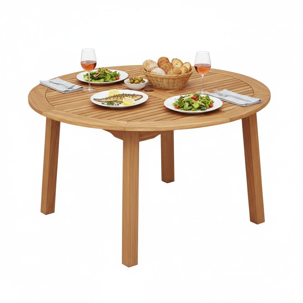 Tangkula 53" Round Outdoor Dining Table for 4-6 People, Acacia Wood Patio Table with Large Tabletop & 2" Umbrella Hole, Farmhouse Dining Furniture for Yard, Deck, Garden, Poolside
