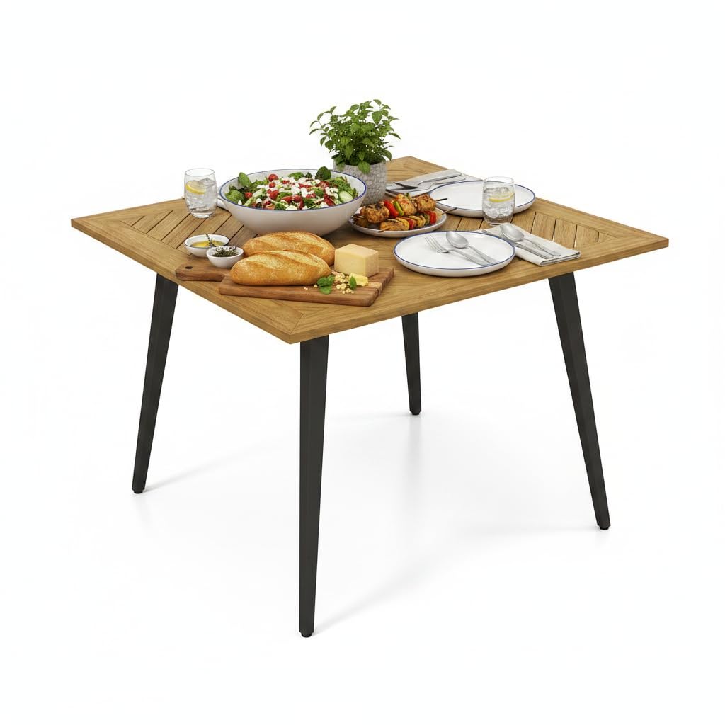 Tangkula 79" Acacia Wood Patio Dining Table for 8, Large 8-Person Outdoor Dining Table with 1.9" Umbrella Hole, Metal Legs & Adjustable Foot Pads, Rectangular Outside Table for Garden, Poolside & Yard