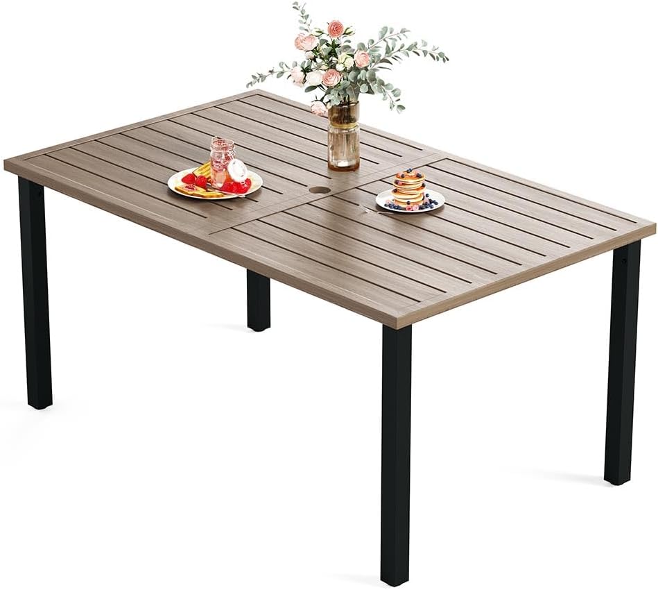 HERA'S HOUSE Outdoor Dining Table for 6, Brown Metal Table w/Umbrella Hole