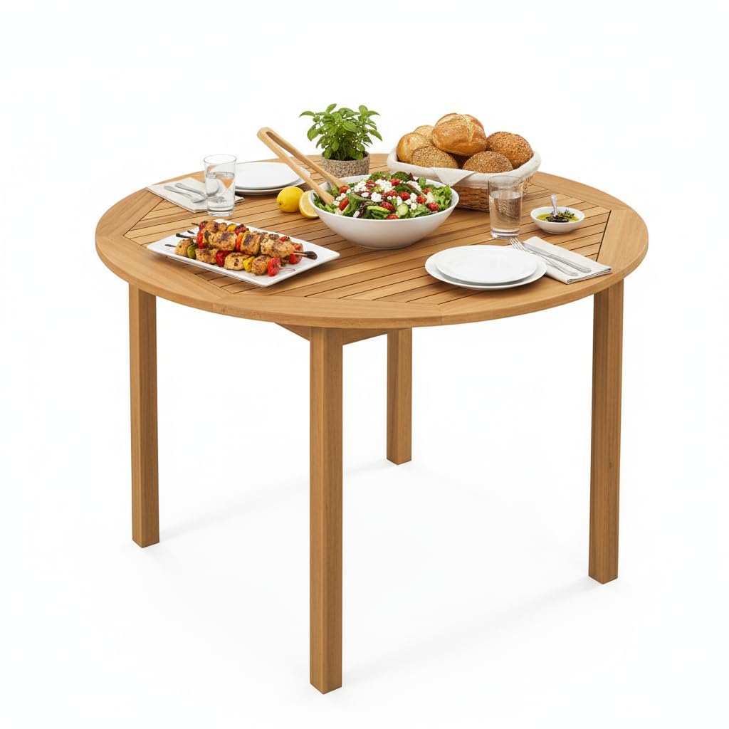 Tangkula 53" Round Outdoor Dining Table for 4-6 People, Acacia Wood Patio Table with Large Tabletop & 2" Umbrella Hole, Farmhouse Dining Furniture for Yard, Deck, Garden, Poolside