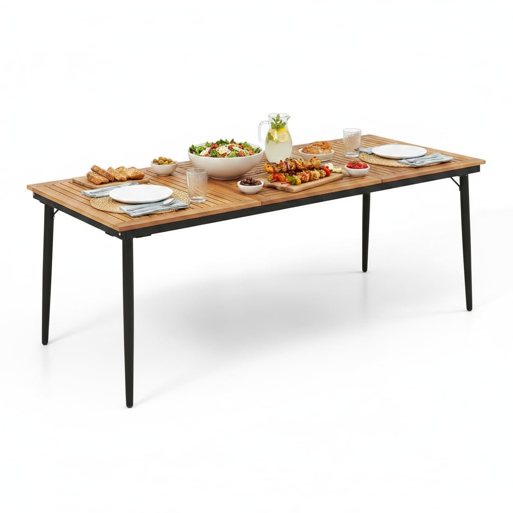 Tangkula 79" Acacia Wood Outdoor Dining Table for 8, Patio Table with Umbrella Hole, Metal Legs & Adjustable Foot Pads, Rectangular 8-Person Outside Table for Garden, Poolside & Backyard