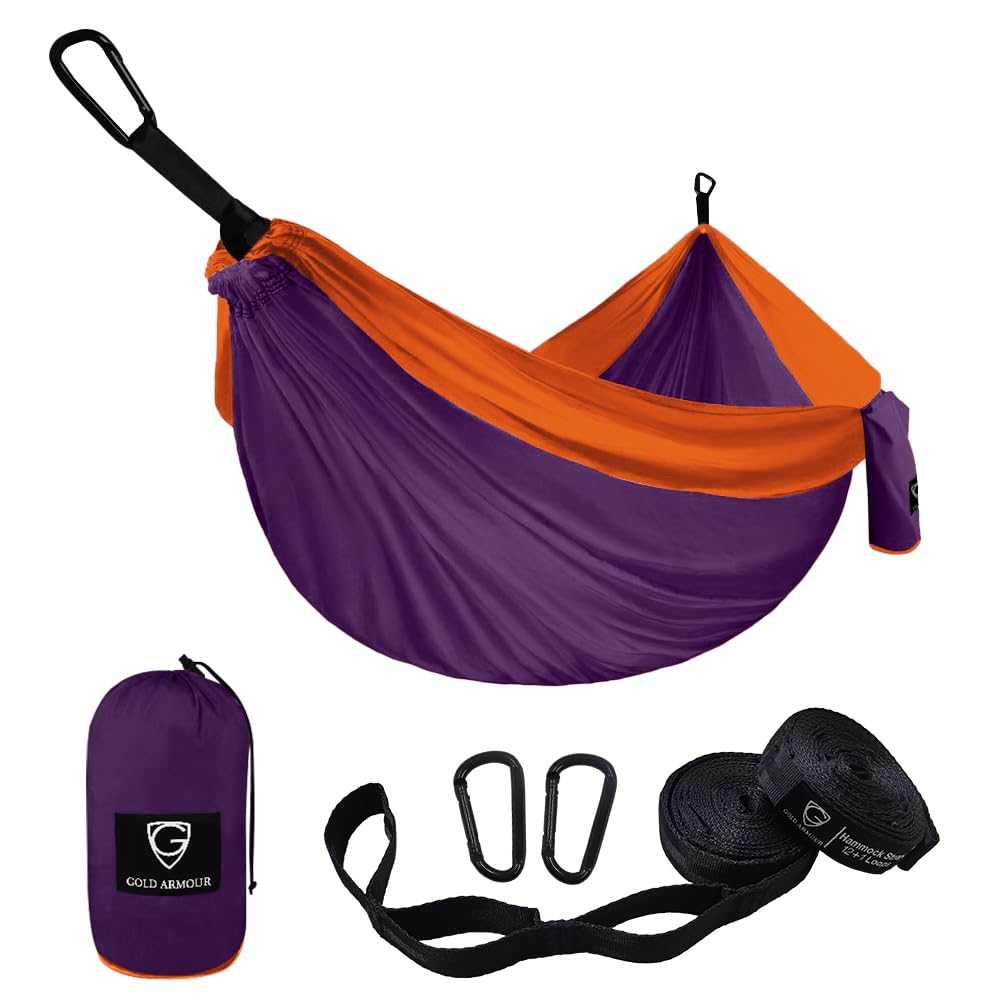 Gold Armour Camping Hammock - XL Double Hammock Portable Hammock Camping Accessories Gear for Outdoor Indoor with Tree Straps, USA Based Brand (Purple and Fuchsia)