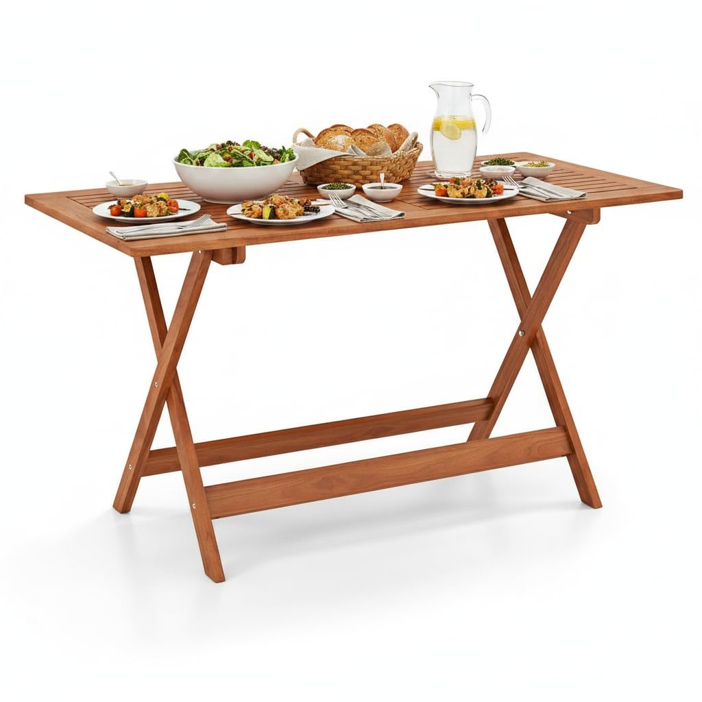 Tangkula 36 Inches Outdoor Folding Round Dining Table, No Assembly Patio Acacia Wood Bistro Table with Slatted Tabletop, 4-Person Outside Dining Furniture for Backyard, Porch, Balcony