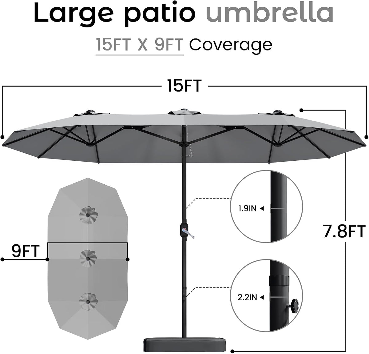 15ft Large Double-Sided Rectangle Patio Umbrella with Base Included,Gray