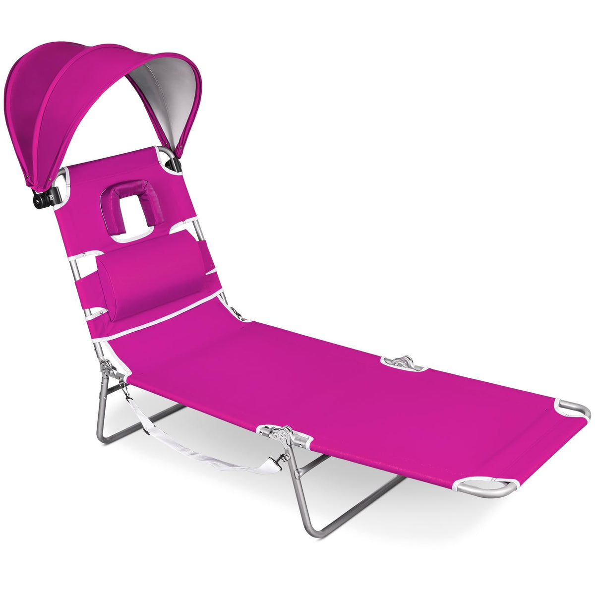 Romswi 1PK Folding Tanning Beach Chair with Face Hole & Canopy Shade, 5-Position Reclining Sun Lounger, Portable Face Down Tanning Chair with Arm Holes & Side Pocket for Beach, Pool & Patio, Neon Pink