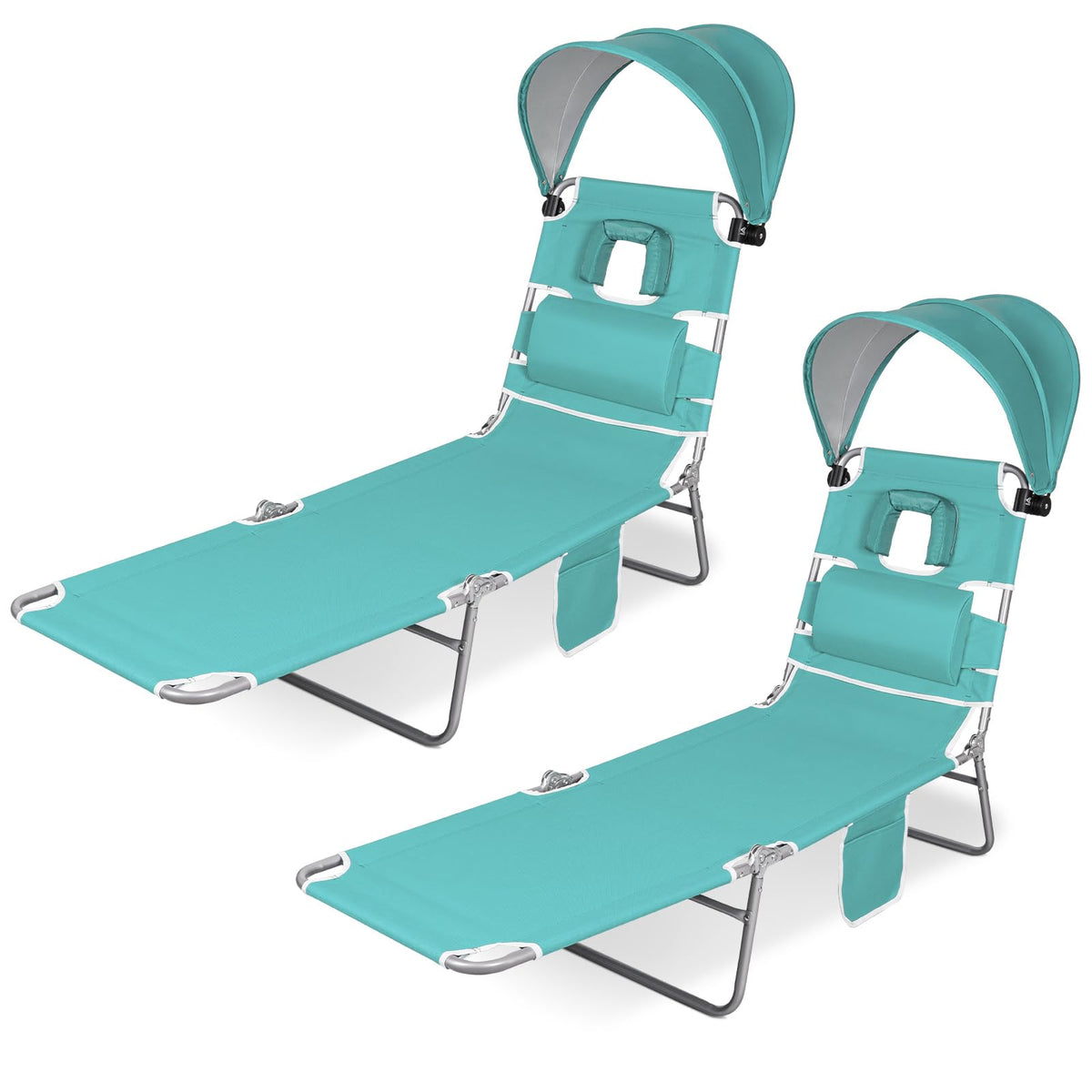 Romswi 1PK Folding Tanning Beach Chair with Face Hole & Canopy Shade, 5-Position Reclining Sun Lounger, Portable Face Down Tanning Chair with Arm Holes & Side Pocket for Beach, Pool & Patio, Neon Pink