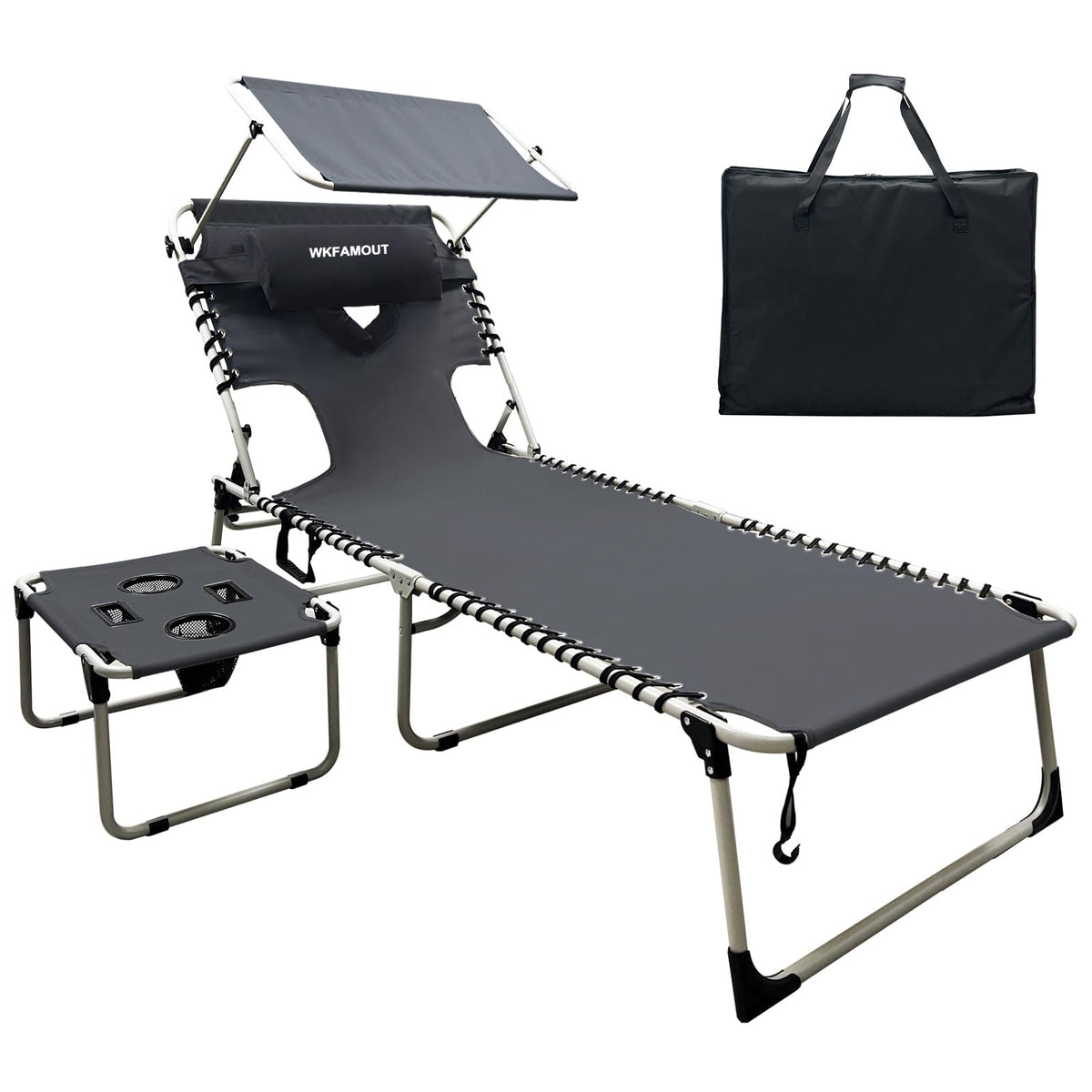 Outdoor Tanning Chair with Sun Canopy Shade & Face Hole, Folding Lounge Chair with Beach Table and Carry Bag for Poolside Sunbathing Lawn