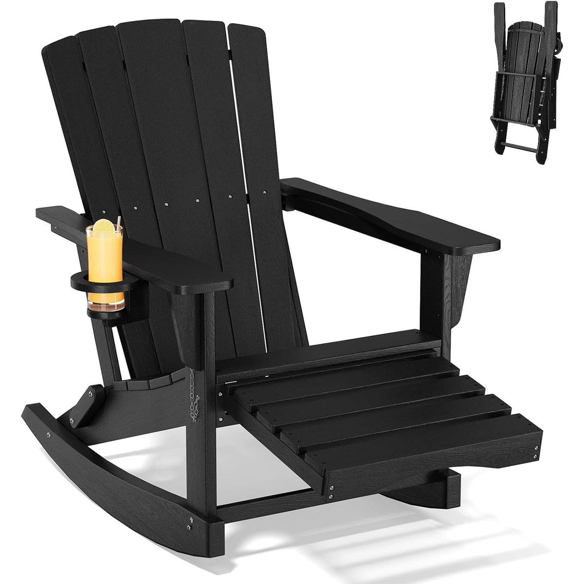 Adirondack Rocking Chair with Retractable Ottoman,Outdoor Folding Adirondack Chair with Cup Holder,HDPE All-Weather Patio Lounge Chair for Porch,Lawn, Poolside, Grey