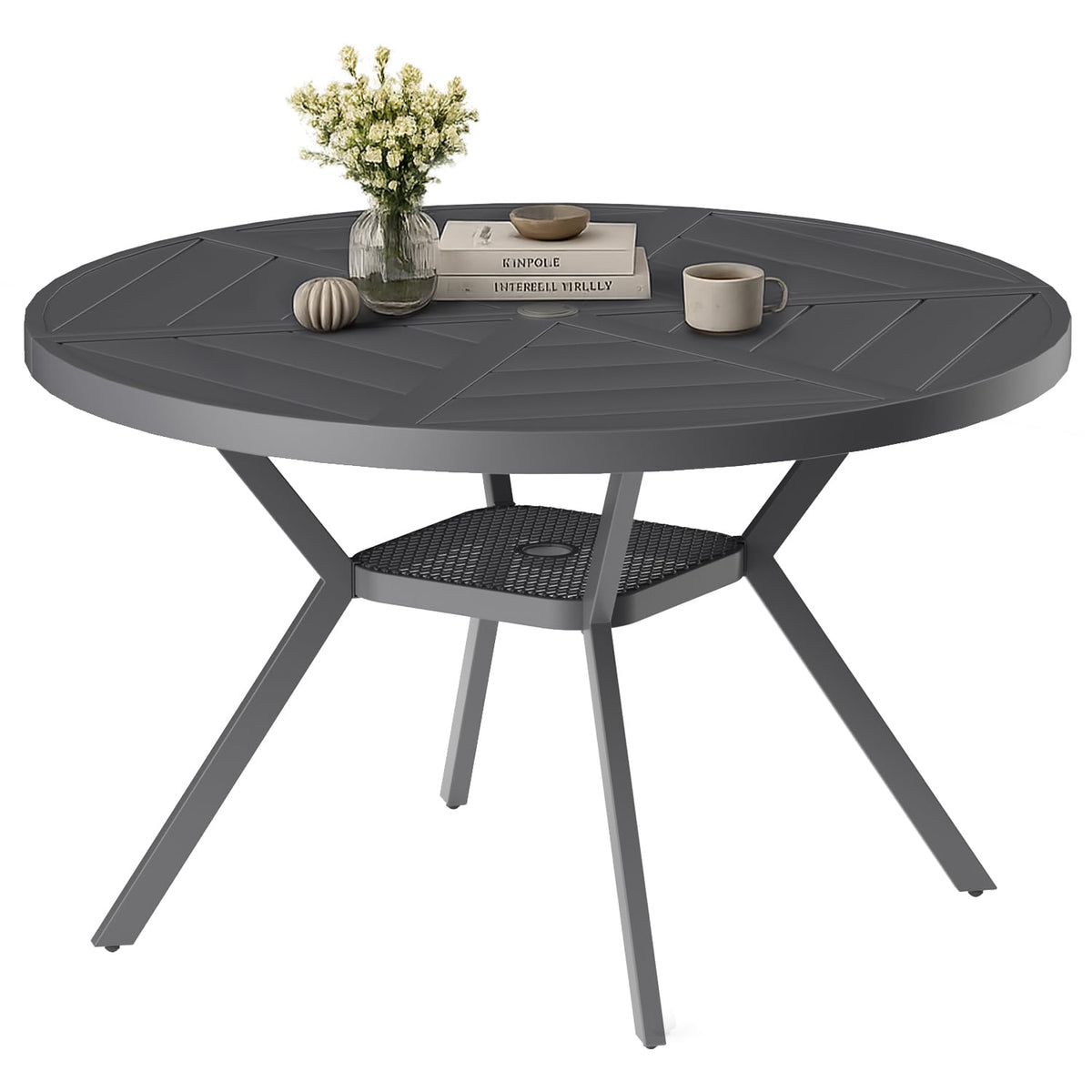 42" Outdoor Patio Table Dining Table All Weather Metal Round Patio Dining Table with Adjustable Umbrella Hole Patio Furniture for Lawn Garden Backyard, Sandshell