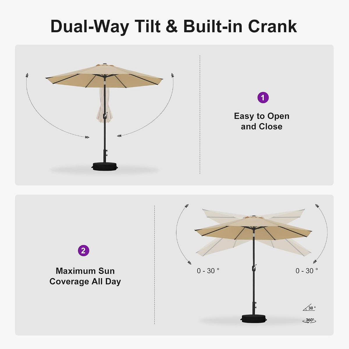 PURPLE LEAF Pool Market Umbrella with Base 9' UV Protection Outdoor, Beige