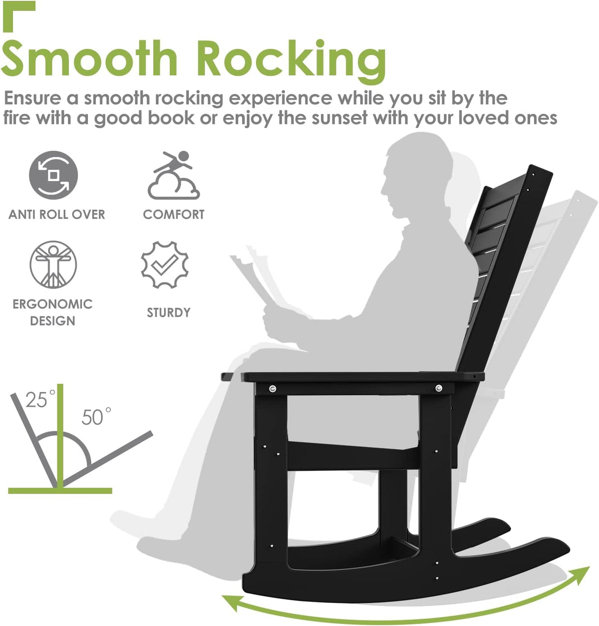 GREENVINES Oversized Outdoor Rocking Chairs Set of 2, HDPE Rocker, Black
