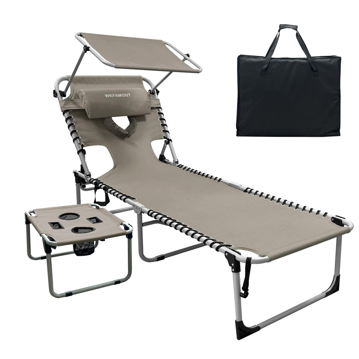 Outdoor Tanning Chair with Sun Canopy Shade & Face Hole, Folding Lounge Chair with Beach Table and Carry Bag for Poolside Sunbathing Lawn