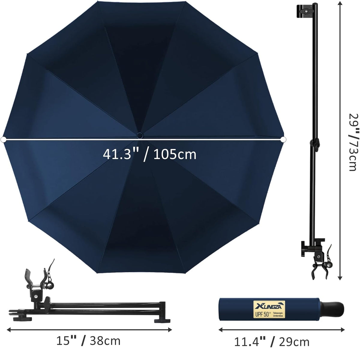 UPF 50+ Beach Umbrella with Adjustable Universal Clamp