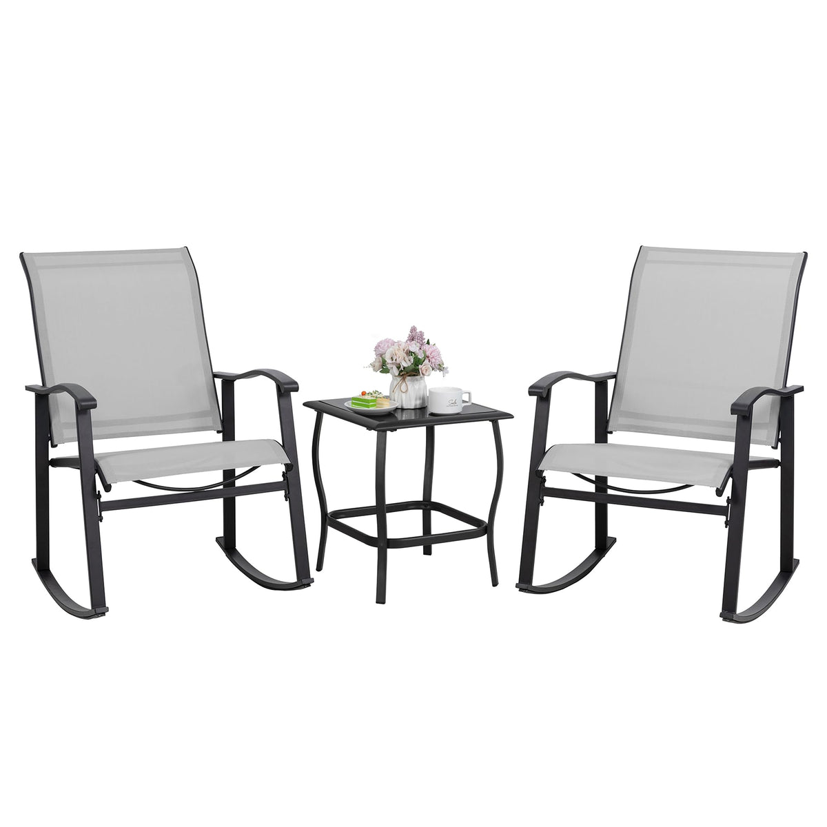Shintenchi Rocking Chair Outdoor with Table, 3 Piece Rocking Patio Bistro Set, Outdoor Furniture Set with Metal Frame and Textilene Fabric for Small Space, Brown