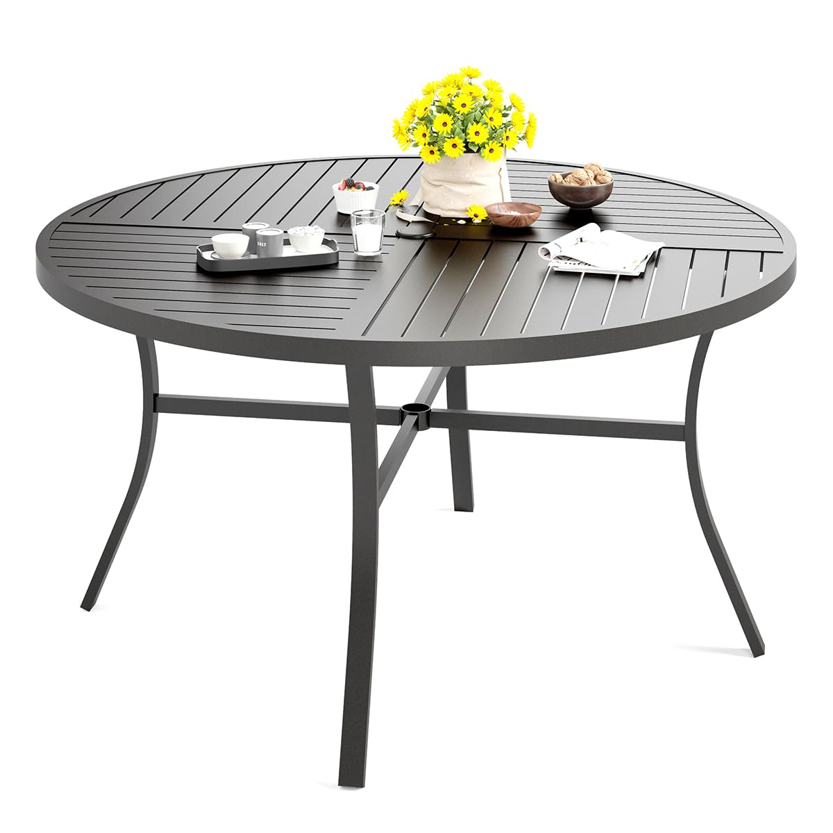 HERA'S HOUSE Outdoor Dining Table for 6, Brown Metal Table w/Umbrella Hole