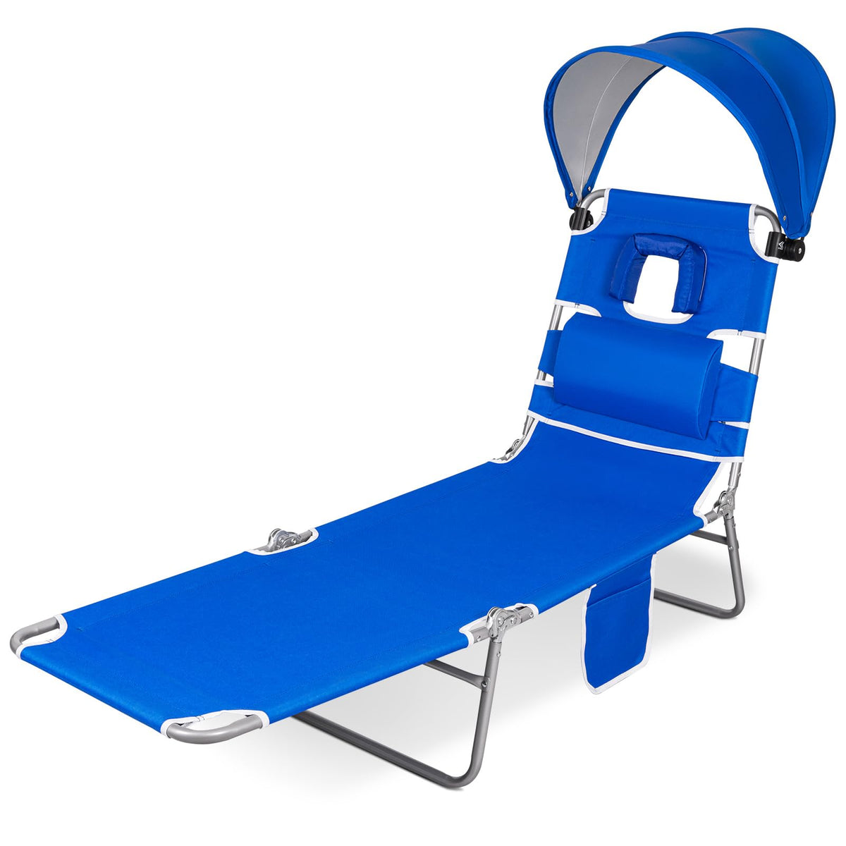 Romswi 1PK Folding Tanning Beach Chair with Face Hole & Canopy Shade, 5-Position Reclining Sun Lounger, Portable Face Down Tanning Chair with Arm Holes & Side Pocket for Beach, Pool & Patio, Neon Pink