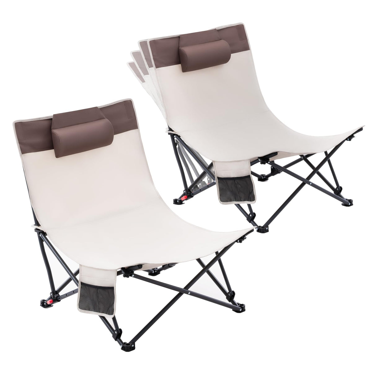 Compact Beach Chairs 2 Pack with 3-Position Lay Flat Low Portable Camping Chairs for Adults Folding Reclining Chairs for Beach, Lawn, Travel
