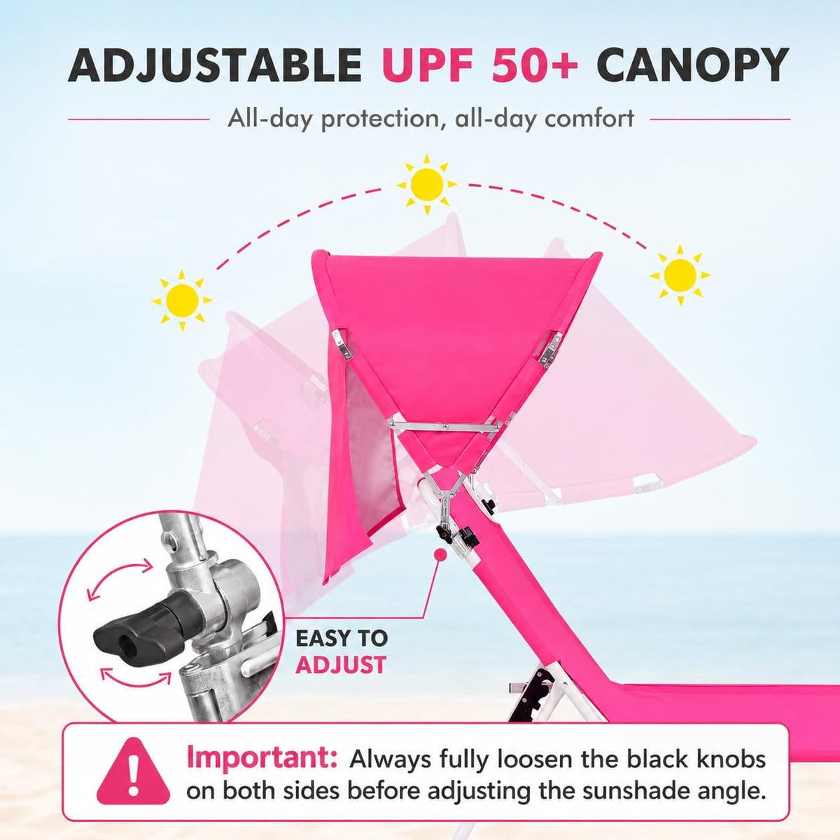 Tanning Chair with Sun Canopy Face Hole Softer Padded Adjustable Washable, Heavy Duty Layout Folding Lounge Chair for Adults Outside Beach Reading Sunbathing Poolside, UPF 50+ Sun Shade, Pink, 300 LBS