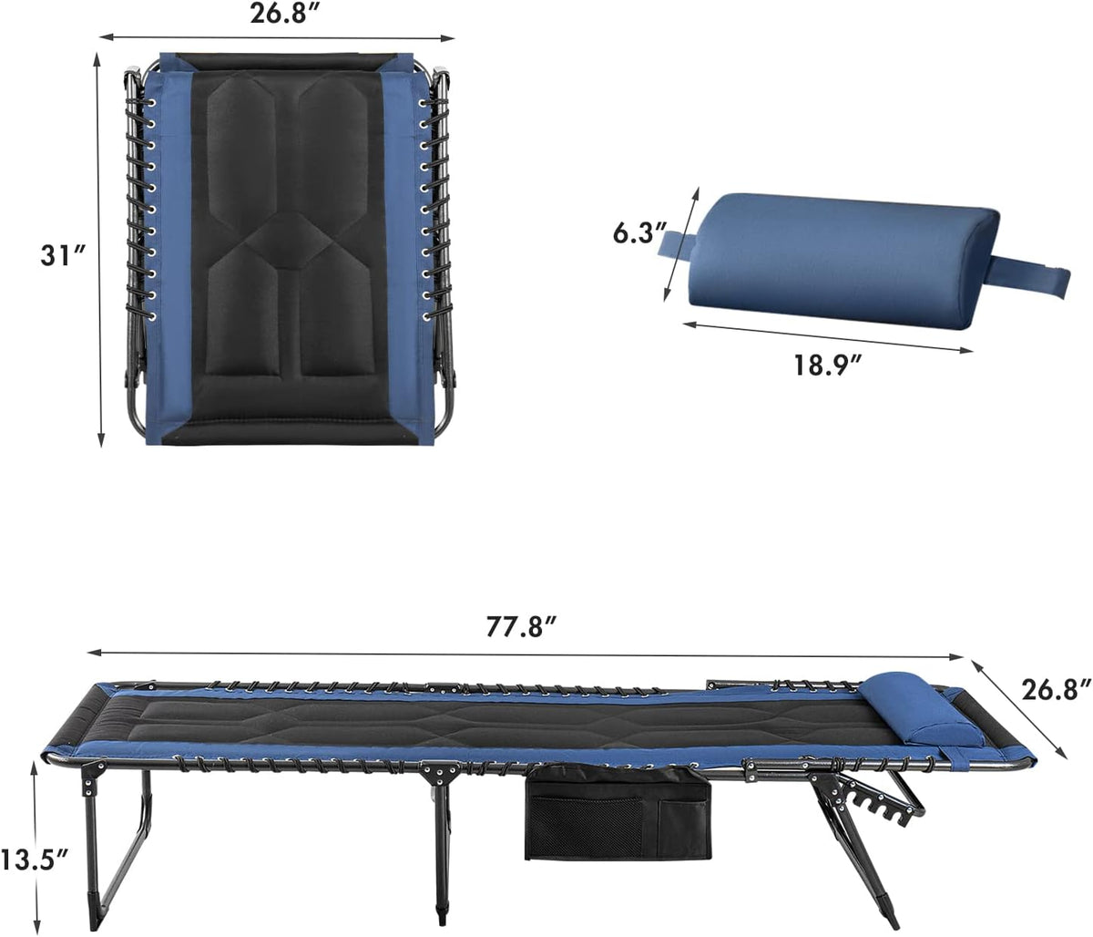 Flamaker Folding Chaise Lounge Outdoor Portable Lounge Chairs 4-Position Adjustable Camping Lounge Chair with Pillow & Side Bag Lightweight Recliner Sunbathing Chair for Pool Beach Deck (Blue)