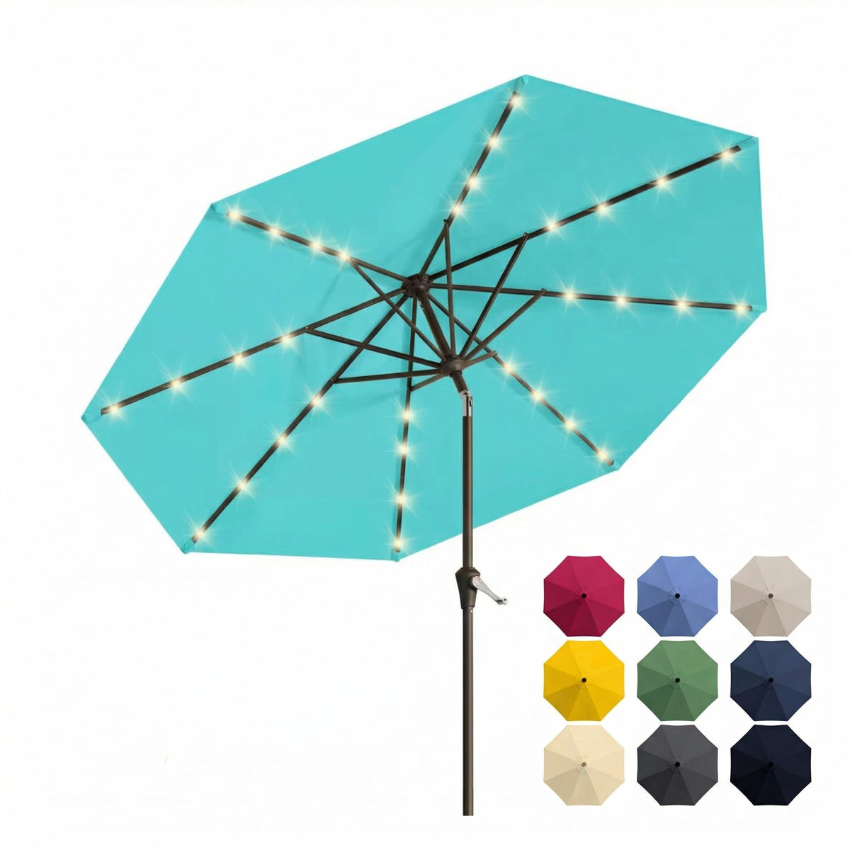 10FT Solar Patio Umbrella with Lights, Outdoor Table Market Umbrella with 32 LED Lights, 8 Sturdy Ribs, Push Button Tilt and Crank for Pool, Deck and Garden, UV-Resistant