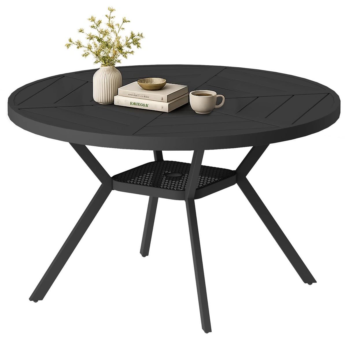 42" Outdoor Patio Table Dining Table All Weather Metal Round Patio Dining Table with Adjustable Umbrella Hole Patio Furniture for Lawn Garden Backyard, Sandshell