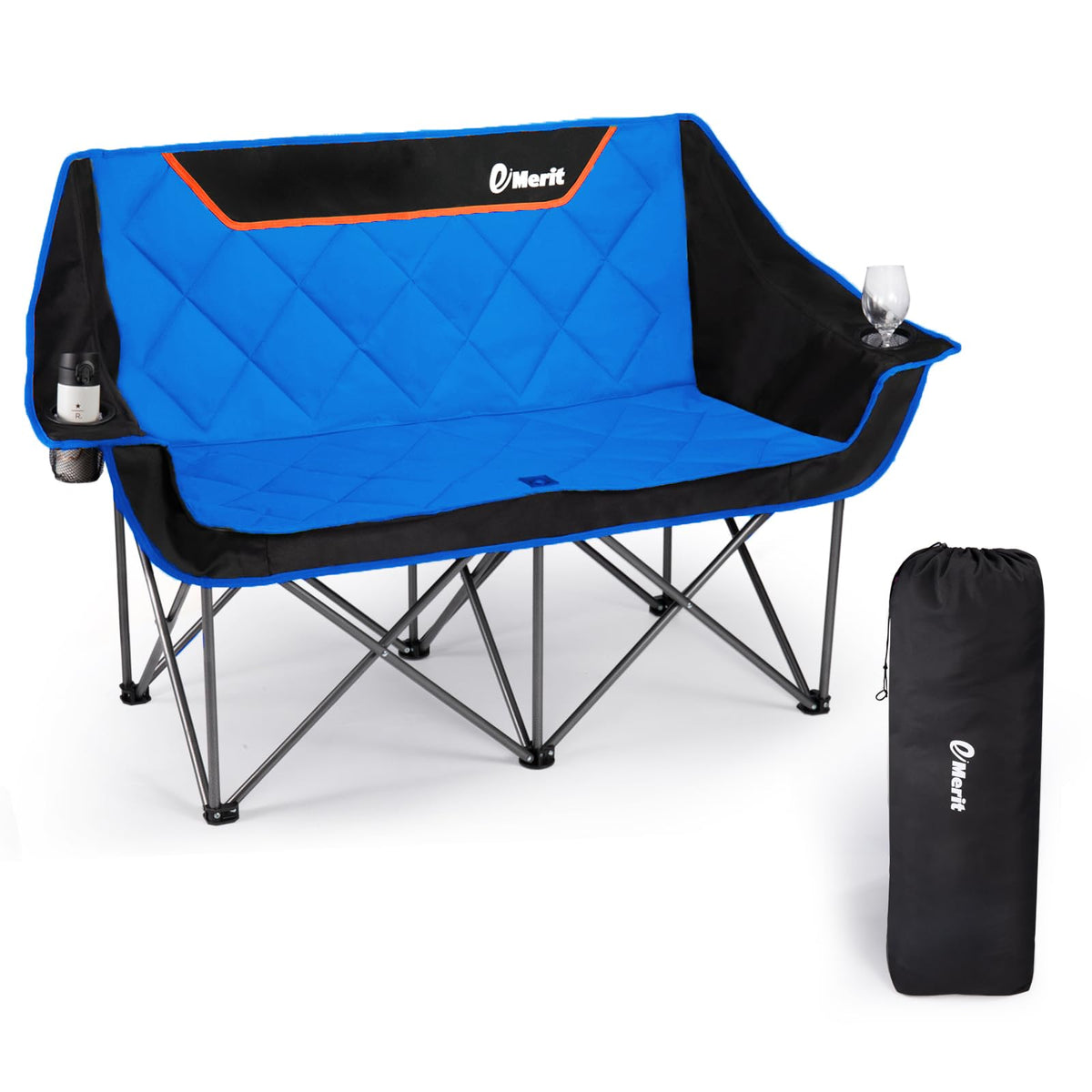 EMERIT Oversized Fully Padded Camping Chair, Heavy Duty 650LB Folding Camping Loveseat, Quad Fold Double Camping Couch with Cup Holders & Carry Bag for Outdoor, Lawn, Sports Events Black