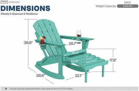 All-Weather HDPE Adirondack Rocking Chair, Heavy Duty Folding Porch Rocker with Curved High Back & Armrest, Comfortable Outdoor Lounge Chair for Backyard Patio Deck Garden, Aruba Blue