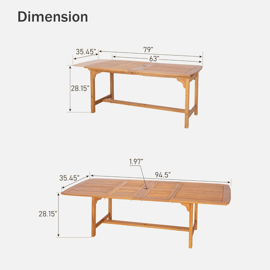 PHI VILLA Teak Outdoor Table, Expandable Wood Table w/Umbrella Hole