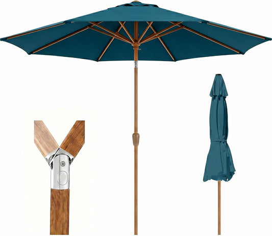 9ft Outdoor Patio Umbrella, Market Table Umbrella with Crank and Easy Push Button Tilt, Wood Grain Frame, UPF 50+ for Pool, Garden, Deck, Backyard