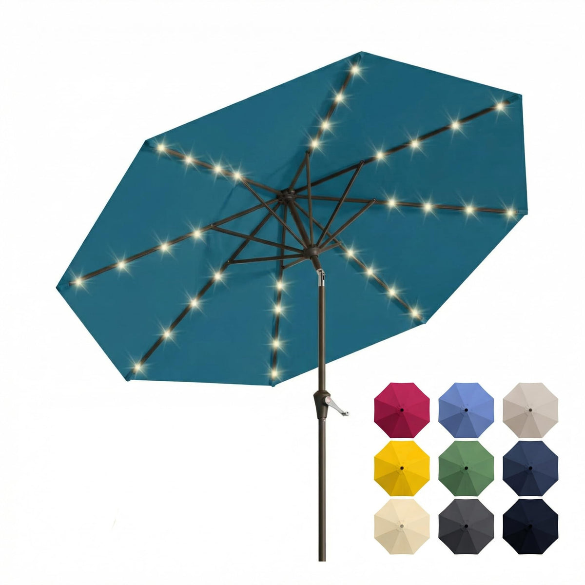 10FT Solar Patio Umbrella with Lights, Outdoor Table Market Umbrella with 32 LED Lights, 8 Sturdy Ribs, Push Button Tilt and Crank for Pool, Deck and Garden, UV-Resistant