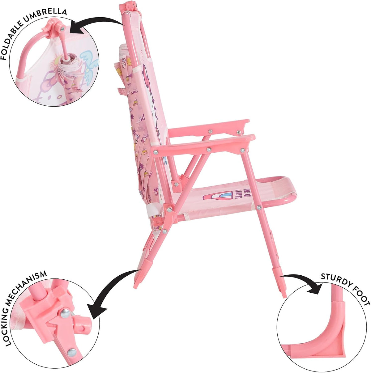 Sanrio Hello Kitty Kids Outdoor Folding Beach Chair with Umbrella,Portable Camp Chair for Ages 3+, Lightweight & Compact for Beach, Camping, and Backyard