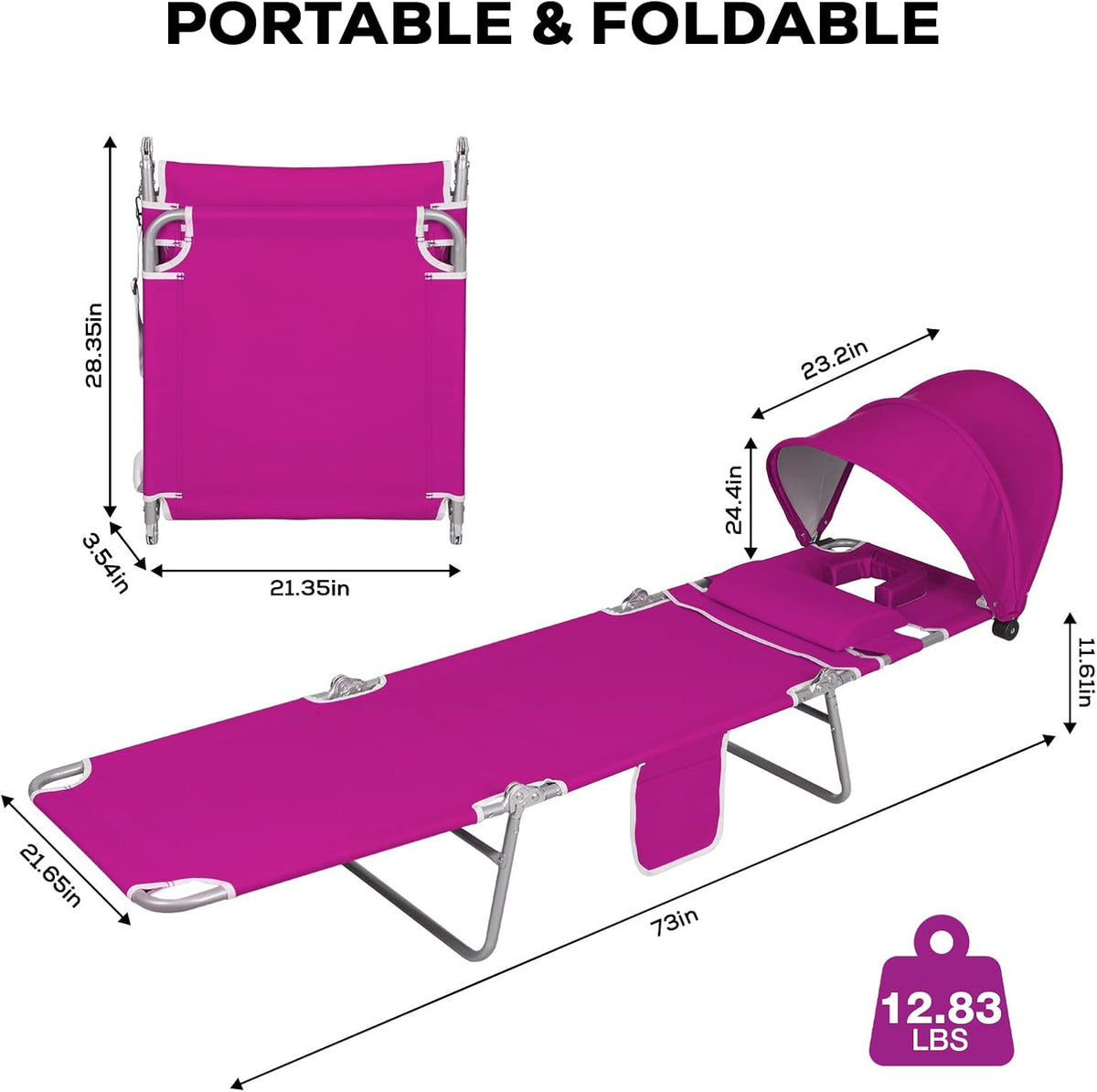 Romswi 1PK Folding Tanning Beach Chair with Face Hole & Canopy Shade, 5-Position Reclining Sun Lounger, Portable Face Down Tanning Chair with Arm Holes & Side Pocket for Beach, Pool & Patio, Neon Pink