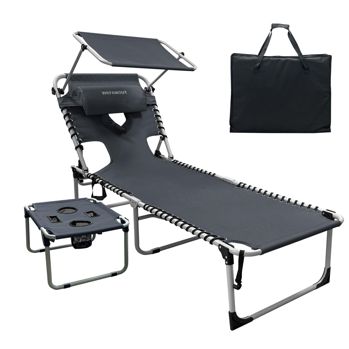 Outdoor Tanning Chair with Sun Canopy Shade & Face Hole, Folding Lounge Chair with Beach Table and Carry Bag for Poolside Sunbathing Lawn