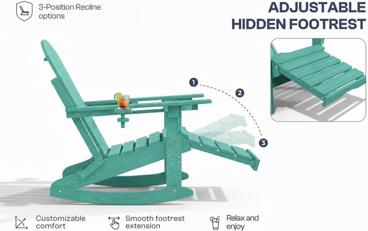 All-Weather HDPE Adirondack Rocking Chair, Heavy Duty Folding Porch Rocker with Curved High Back & Armrest, Comfortable Outdoor Lounge Chair for Backyard Patio Deck Garden, Aruba Blue