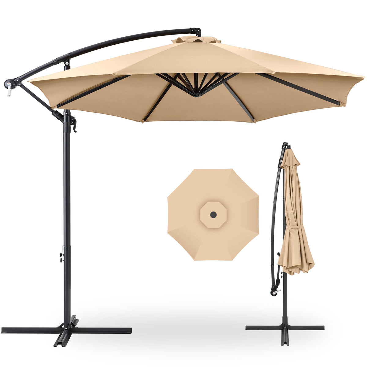 Best Choice Products 10ft Offset Hanging Market Patio Umbrella w/Easy Tilt Adjustment, Polyester Shade, 8 Ribs for Backyard, Poolside, Lawn and Garden - Tan