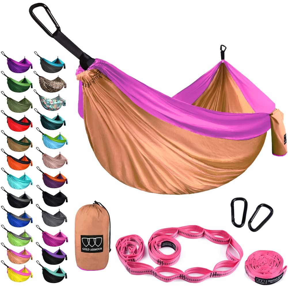 Gold Armour Camping Hammock - XL Double Hammock Portable Hammock Camping Accessories Gear for Outdoor Indoor with Tree Straps, USA Based Brand (Purple and Fuchsia)