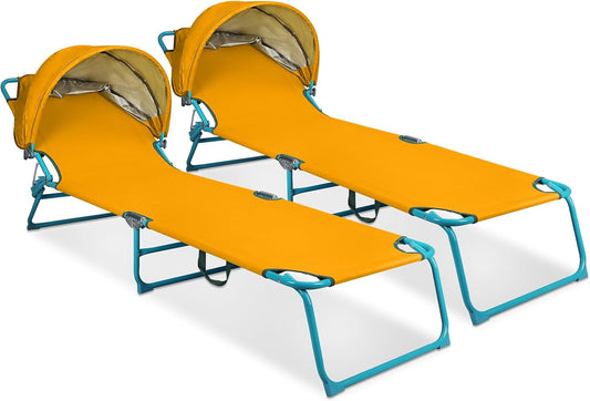 Northroad 2 Pack Beach Lounge Chair with Canopy Shade, Adjustable 4 Position Foldable Tanning Chair, Outdoor Heavy Duty Chaise Lounge Chair, for Poolside Patio Sunbathing Lawn, UPF 50+, Yellow