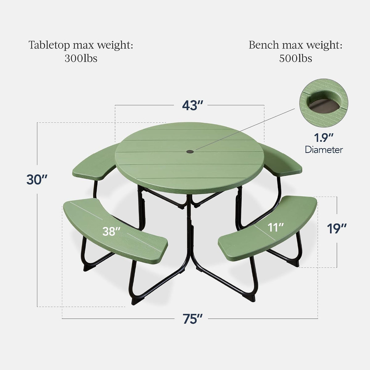 Best Choice Products 8-Person Outdoor Bench Patio Picnic Table, Circular w/ 4 Built-in Benches and Umbrella Hole, 2000lb Capacity - Green