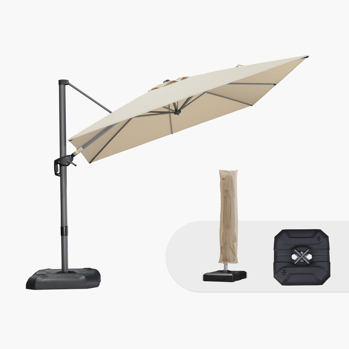 PURPLE LEAF Patio Umbrella with Base 9' x 11.5' 360° Rotation Control Beige
