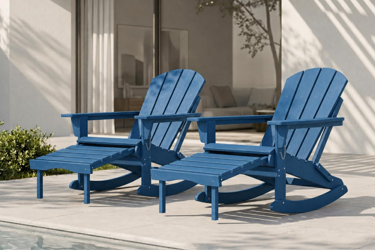 All-Weather HDPE Adirondack Rocking Chair, Heavy Duty Folding Porch Rocker with Curved High Back & Armrest, Comfortable Outdoor Lounge Chair for Backyard Patio Deck Garden, Aruba Blue