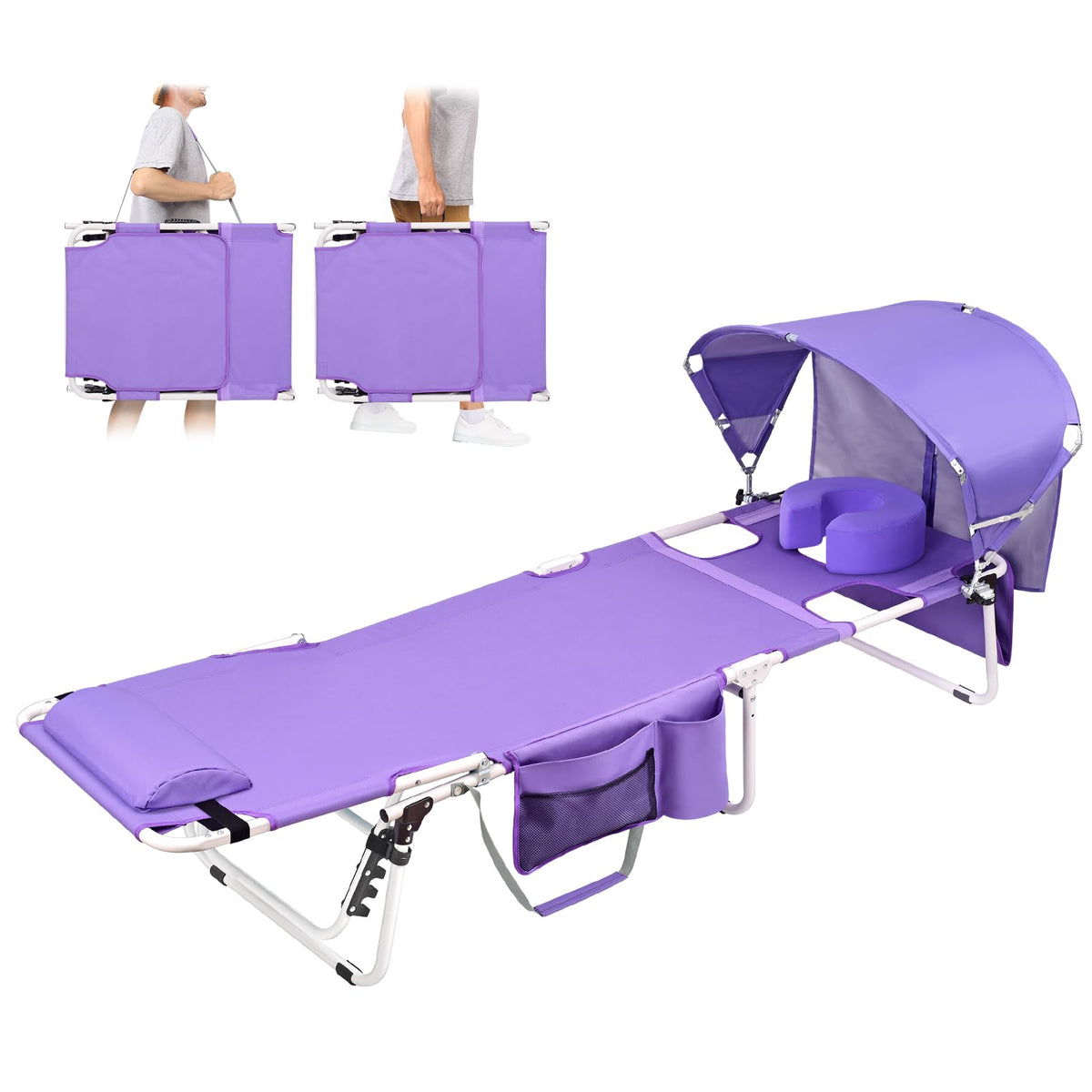 Tanning Chair with Sun Canopy Face Hole Softer Padded Adjustable Washable, Heavy Duty Layout Folding Lounge Chair for Adults Outside Beach Reading Sunbathing Poolside, UPF 50+ Sun Shade, Pink, 300 LBS