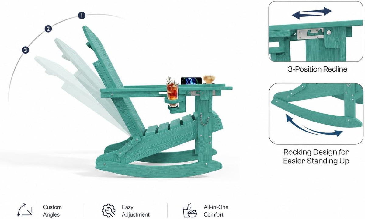 All-Weather HDPE Adirondack Rocking Chair, Heavy Duty Folding Porch Rocker with Curved High Back & Armrest, Comfortable Outdoor Lounge Chair for Backyard Patio Deck Garden, Aruba Blue