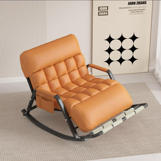 Tufted Rocking Chair with Side Pocket, Orange Faux Leather, Metal Frame, Modern Lounge Accent Chair