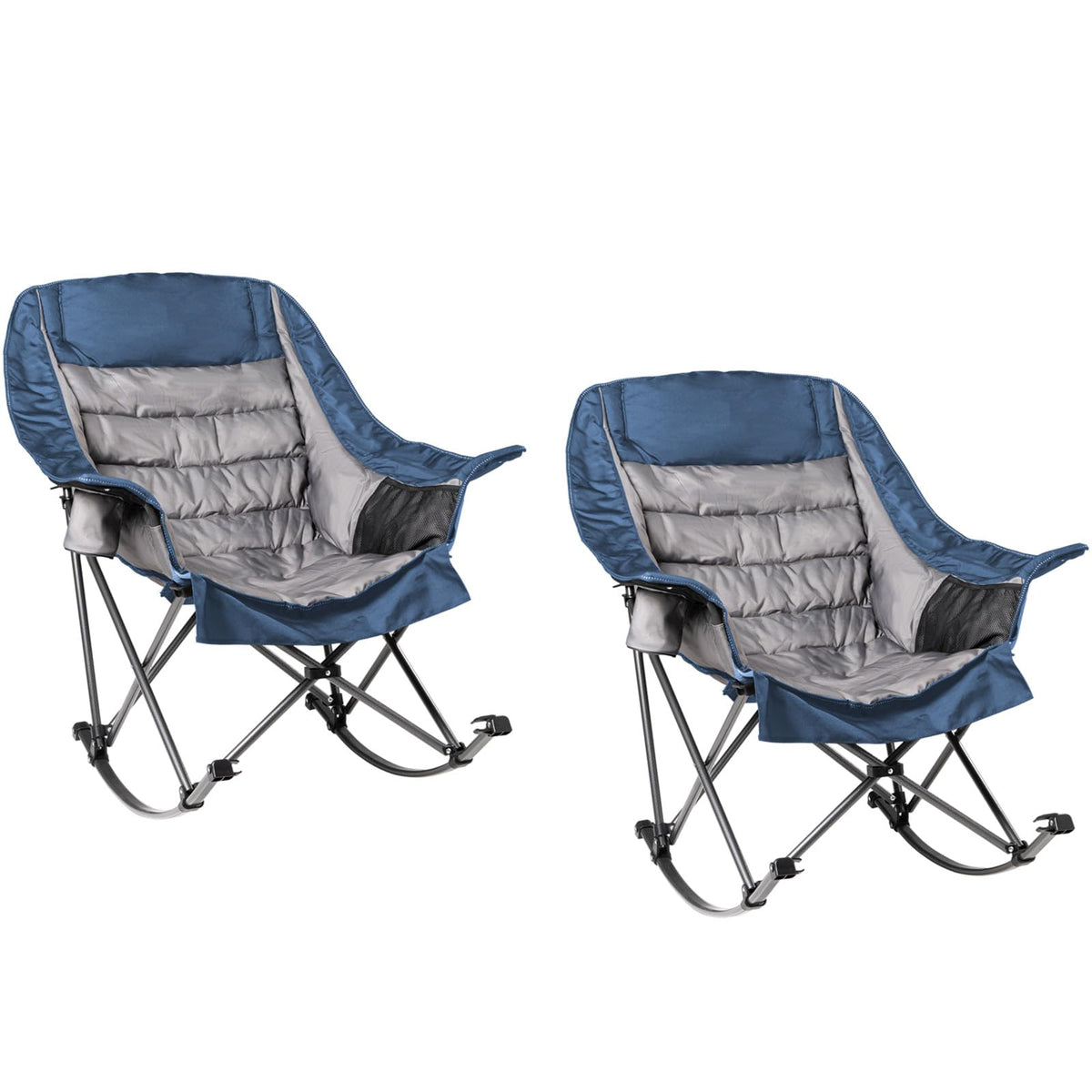 Oversized Rocking Camping Chair for Adults - 400lbs Capacity Padded Camp Chair with Cup Holder, Portable Foldable Outdoor Rocker Chair for Camping, Backyard, Patio (Blue & Gray)